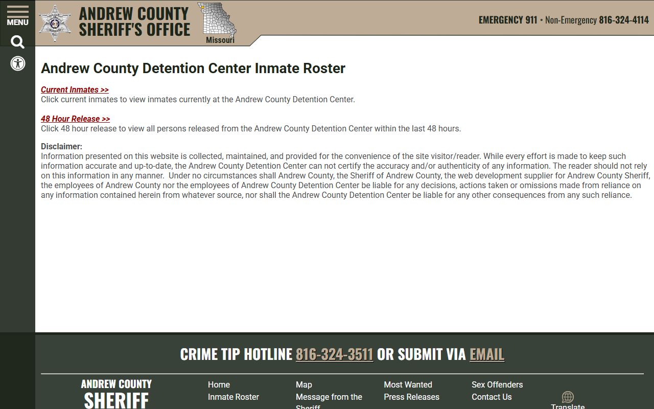 Andrew County inmate records roster choice page