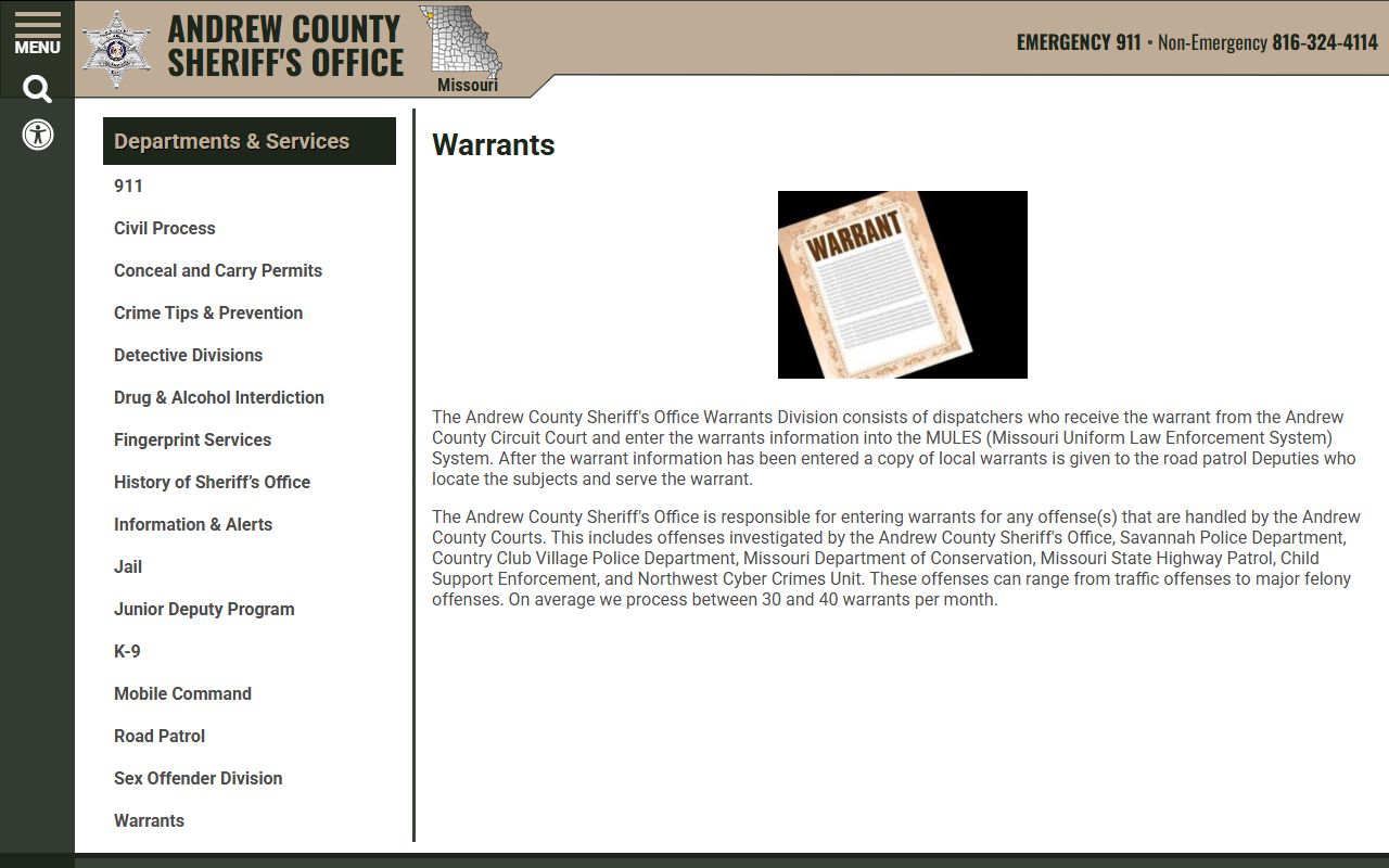 Andrew County warrant records sheriff warrants division